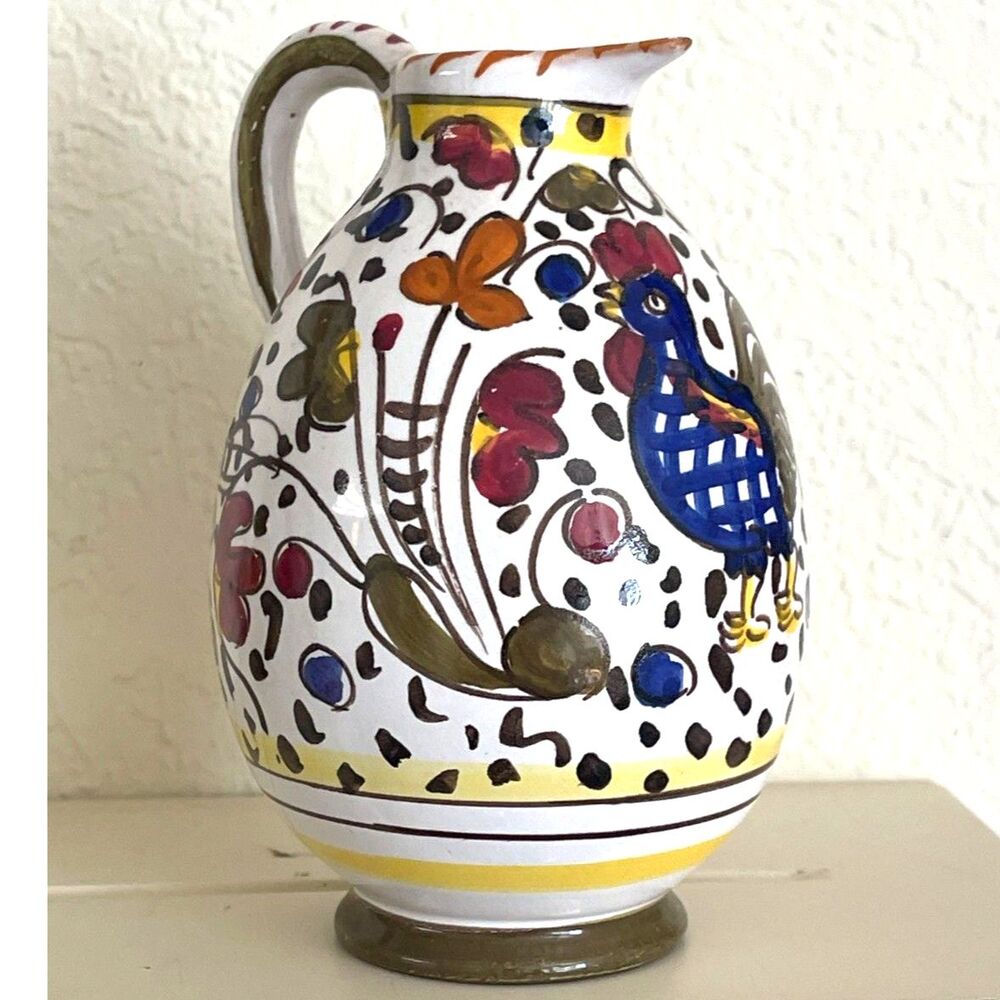 Vintage Rooster Majolica Deruta Italy Oil Jug Pitcher Floral Colorful Pottery 5"